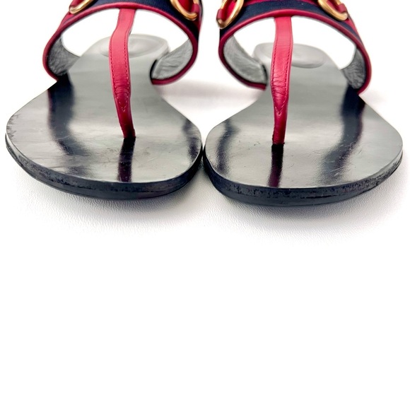 GUCCI || Horsebit Red Blue Web Stripe Black Leather Thong Sandal Flat EU 39 US 9 - Picture 5 of 15